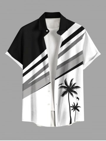 Plus Size Coconut Tree Bird Colorblock Print Buttons Pocket Hawaii Shirt For Men - BLACK - 4XL