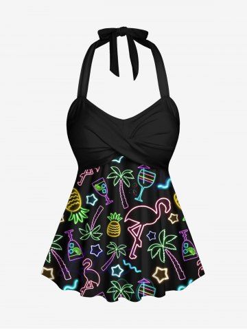 Fashion Glitter Neon Flamingo Pineapple Coconut Tree Stars Print Hawaii Twist Halter Backless Tankini Top - BLACK - XS