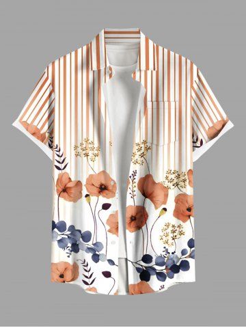 Chemise Grande Taille Rayée Imprimée Feuilles Florales Lampe à Demi-Boutons avec Poche pour Homme
