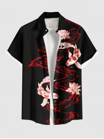 Chemise Imprimé à Fleurs et Poissons à Boutons avec Poche Grande Taille pour Homme - BLACK - XL
