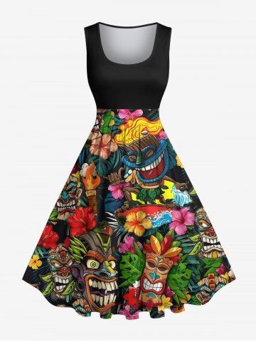 Plus Size Flowers Fire Flame Mask Print Hawaii 1950s Vintage Dress - BLACK - 6X