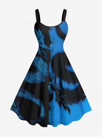 Plus Size Ink Painting Dragon Two Tone Print Hawaii A Line Tank Dress - BLUE - XXS