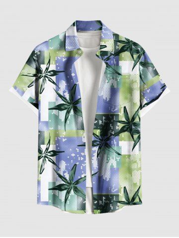 Chemise Décontractée en Blocs de Couleurs Feuille Tropicale Imprimée Boutonnée avec Poche de Grande Taille pour Homme