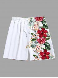 Plus Size Tropical Leaf Hibiscus Flowers Print Hawaii Beach Shorts -  