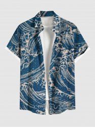 Plus Size Sea Waves Retro Pattern Print Buttons Pocket Hawaii Cruise Shirt For Men -  