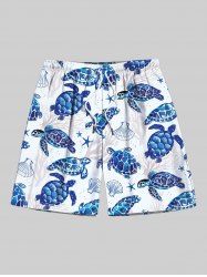 Plus Size Turtle Shell Starfish Coral Print Hawaii Sea Creatures Drawstring Beach Shorts For Men -  
