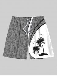 Plus Size Coconut Tree Tropical Leaves Curve Print Hawaii Drawstring Beach Shorts For Men -  