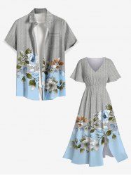 Tenue de Plage pour Couples en Flanelle à Imprimé Feuilles et Fleurs Grande-Taille - Gris 