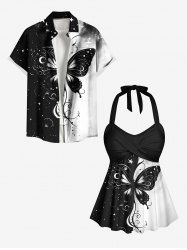 Maillot de Bain Tendance Deux-Tons Imprimé Papillons et Tournesols Grande-Taille pour Femmes - Noir 