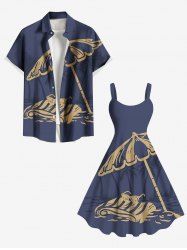 Short de Plage Grande Taille Imprimé Cocotier et Plage Assortis - Bleu profond 