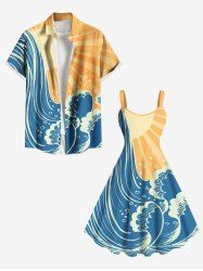 Sea Wave Sun Bubble Print Plus Size Matching Hawaii Beach Outfit For Couples -  