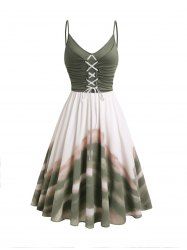 Tie Dye Print Colorblock Lace Up Midi Dress -  