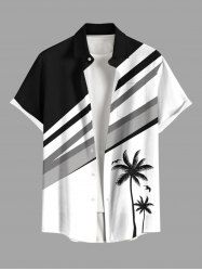 Plus Size Coconut Tree Bird Colorblock Print Buttons Pocket Hawaii Shirt For Men -  