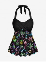 Haut Tordu Néon Flamant Etoile Ananas et Noix de Coco Imprimés à Col Halter - Noir 6X