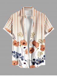 Plus Size Floral Leaves Branch Light Beam Striped Print Hawaii Button Pocket Shirt For Men -  