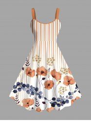 Plus Size Floral Leaves Branch Light Beam Striped Print Hawaii A Line Tank Dress -  