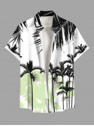 Plus Size Coconut Tree Tropical Leaf Colorblock Print Buttons Pocket Hawaii Shirt For Men -  