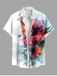 Chemise Décontractée Fleur D'Hibiscus et Feuille Tropicale Imprimées de Grande Taille avec Poche - Rouge 5XL