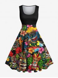 Robe Grande Taille Rétro 1950's Imprimé Feu et Fleurs - Noir S