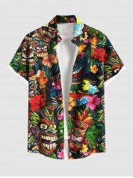 Plus Size Flowers Fire Flame Mask Print Buttons Pocket Hawaii Shirt For Men -  