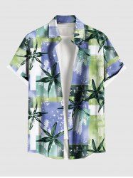 Plus Size Tropical Leaves Colorblock Print Hawaii Button Pocket Shirt For Men -  