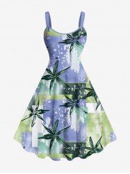 Robe Débardeur Trapèze en Blocs de Couleurs et à Imprimé Feuilles Tropicales Grande-Taille - Bleu clair L