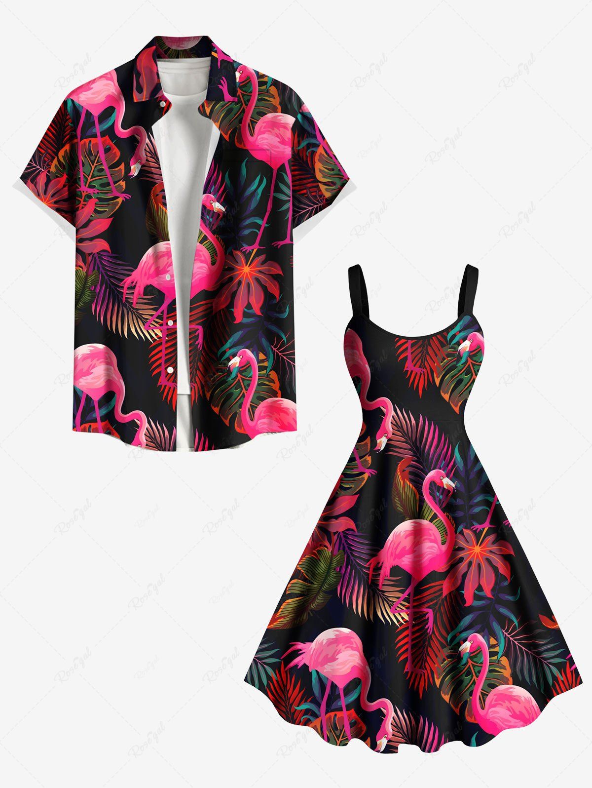Tropical Leaf Flamingo Print Plus Size Matching Hawaii Beach Outfit For Couples Rose clair 
