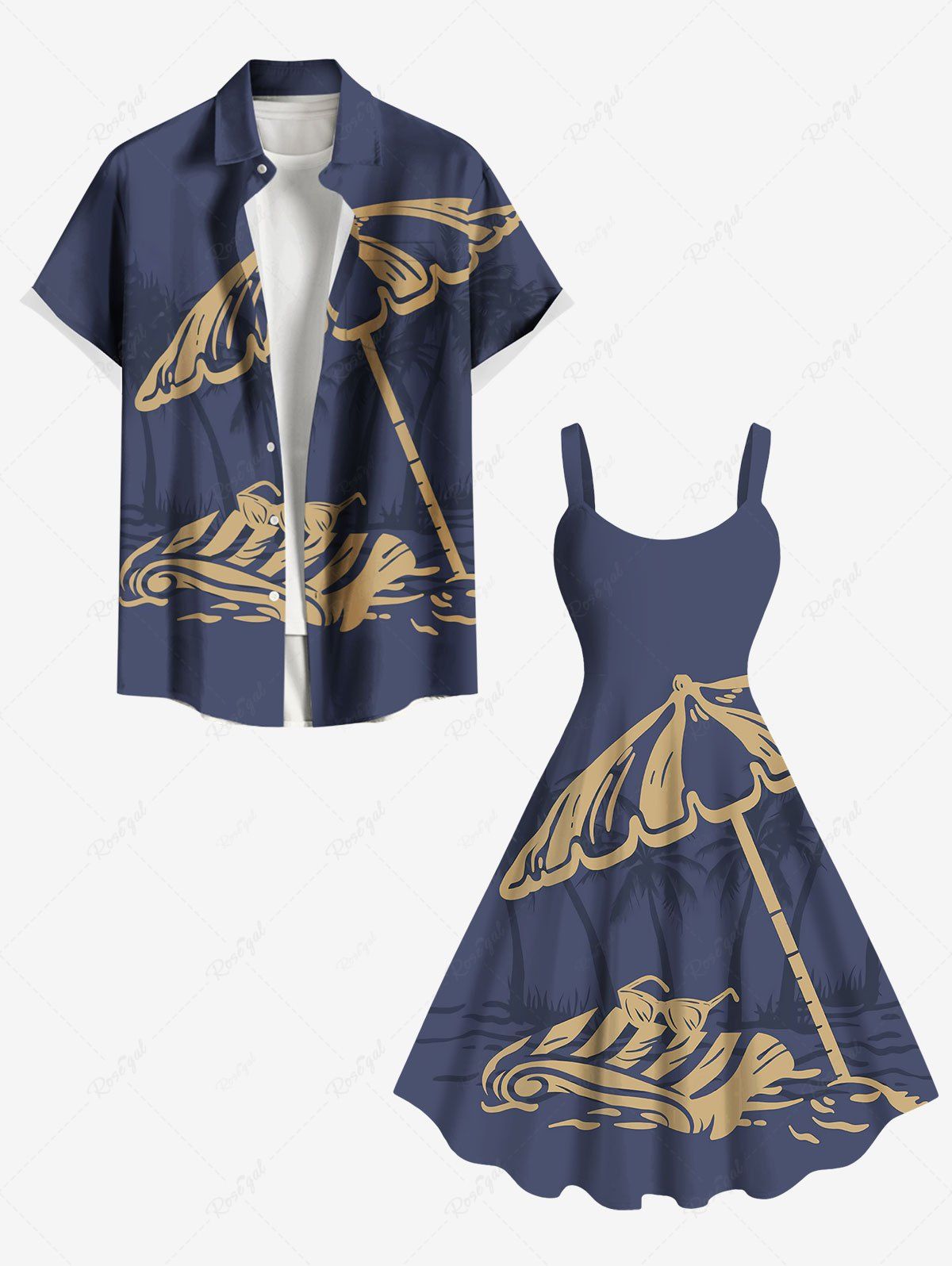 Short de Plage Grande Taille Imprimé Cocotier et Plage Assortis Bleu profond 