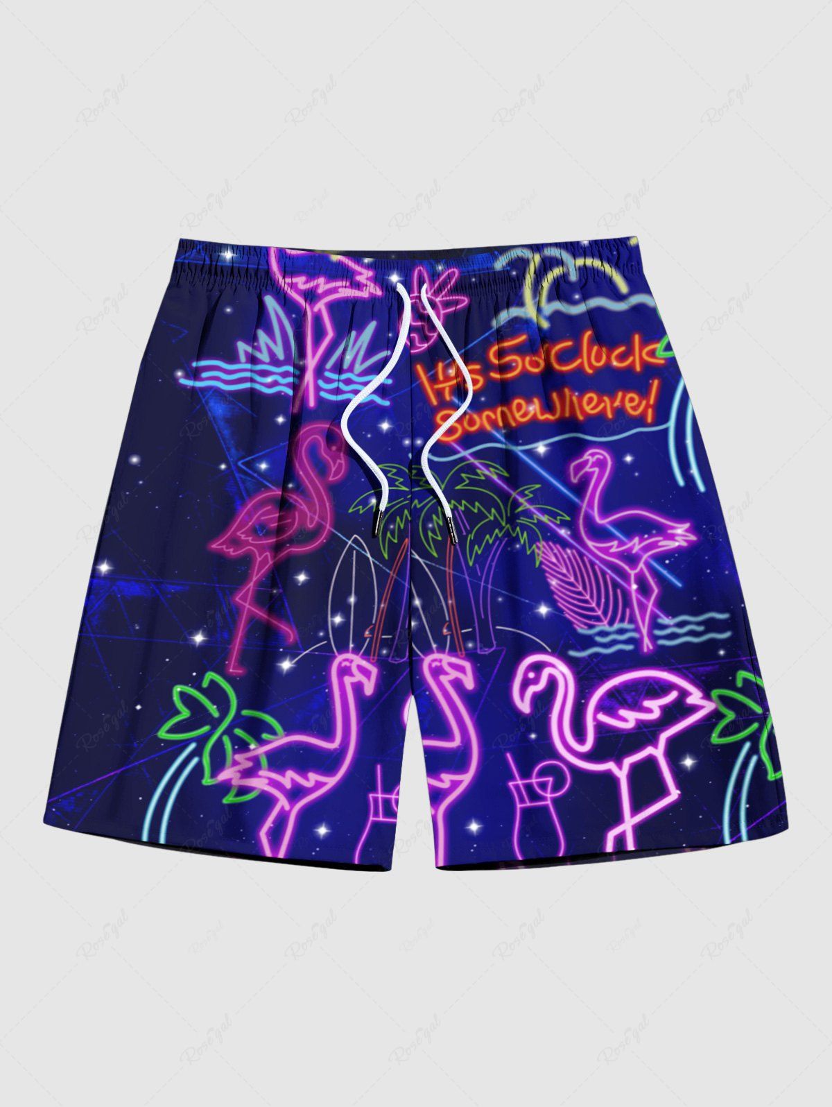 Hot Plus Size Flamingo Coconut Tree Letters Neon Print Hawaii Beach Shorts  