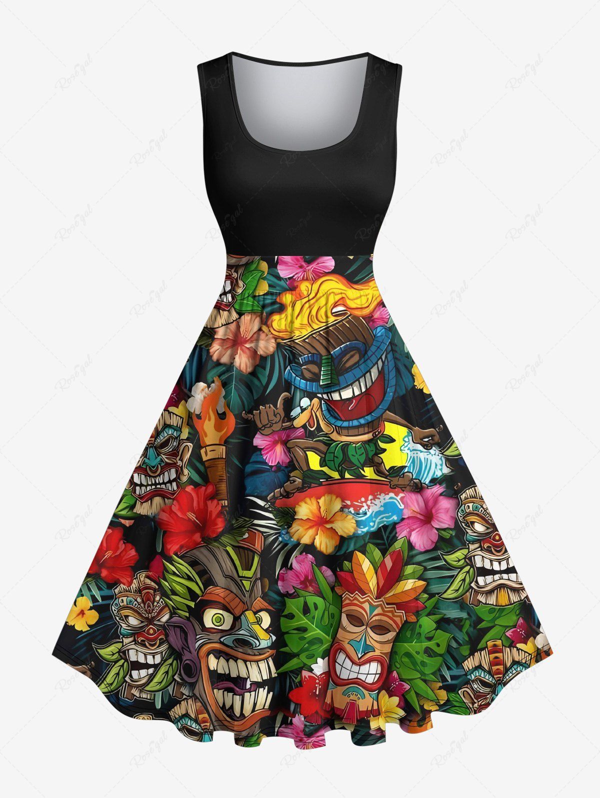 New Plus Size Flowers Fire Flame Mask Print Hawaii 1950s Vintage Dress  