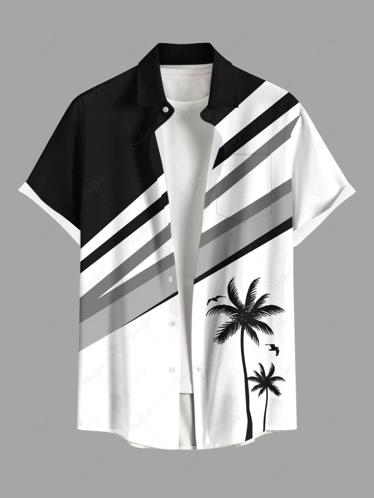 Fashion Plus Size Coconut Tree Bird Colorblock Print Buttons Pocket Hawaii Shirt For Men  