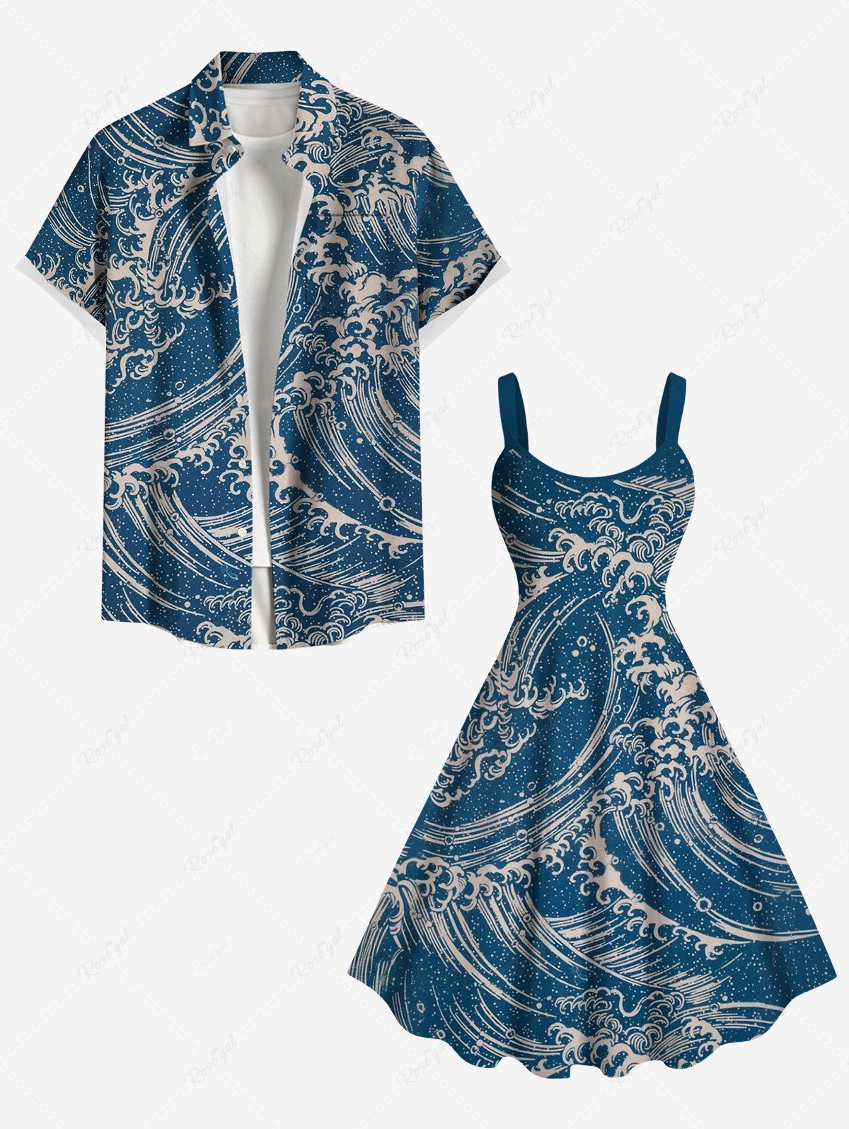 Outfit Sea Waves Retro Pattern Print Plus Size Matching Hawaii Beach Cruise Shirts Dress Outfit For Couples  
