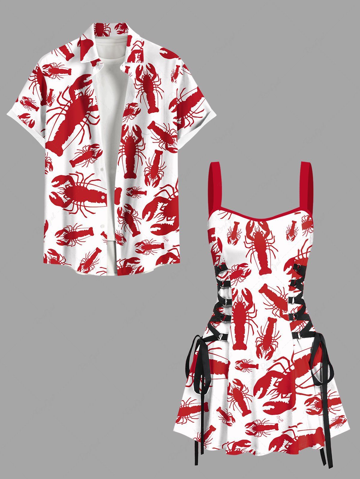 Lobster Print Plus Size Matching Hawaii Beach Outfit For Couples Blanc 