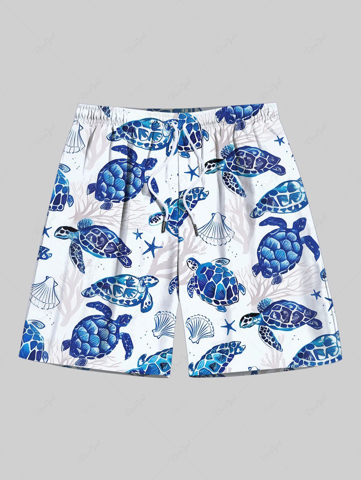 New Plus Size Turtle Shell Starfish Coral Print Hawaii Sea Creatures Drawstring Beach Shorts For Men  