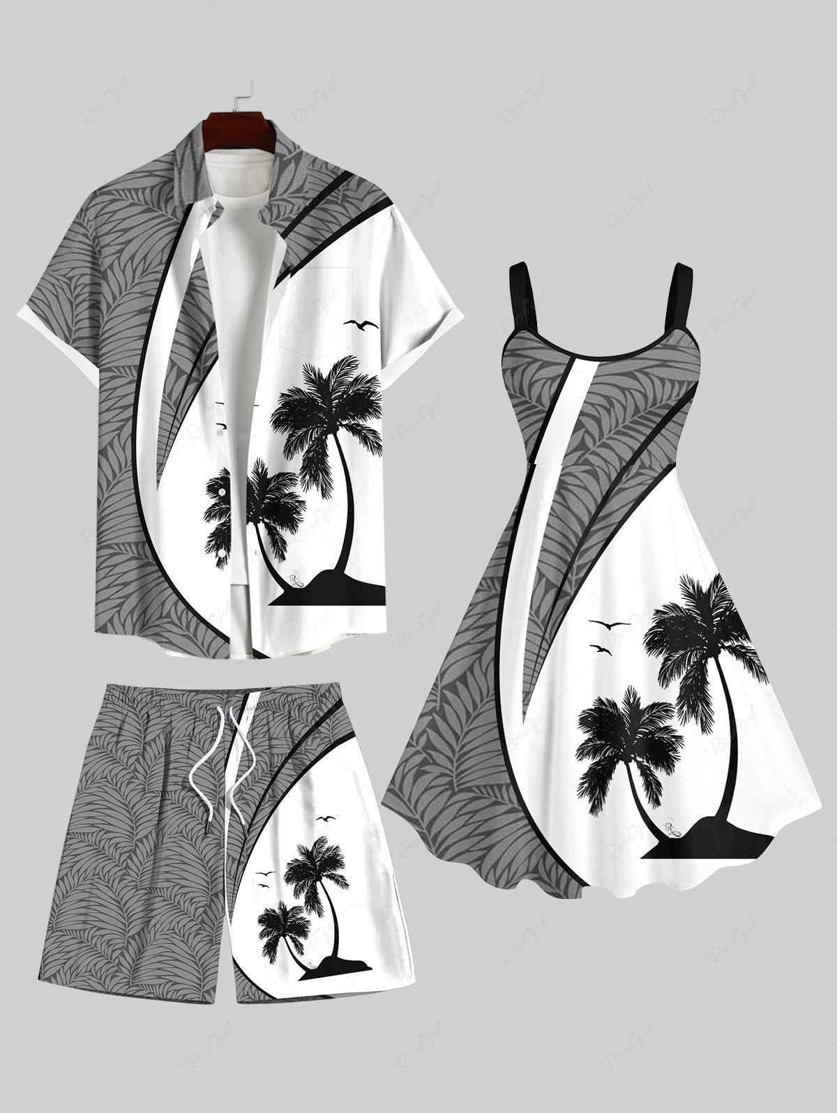 Cheap Coconut Tree Tropical Leaves Curve Print Plus Size Matching Hawaii Beach Outfit For Couples  