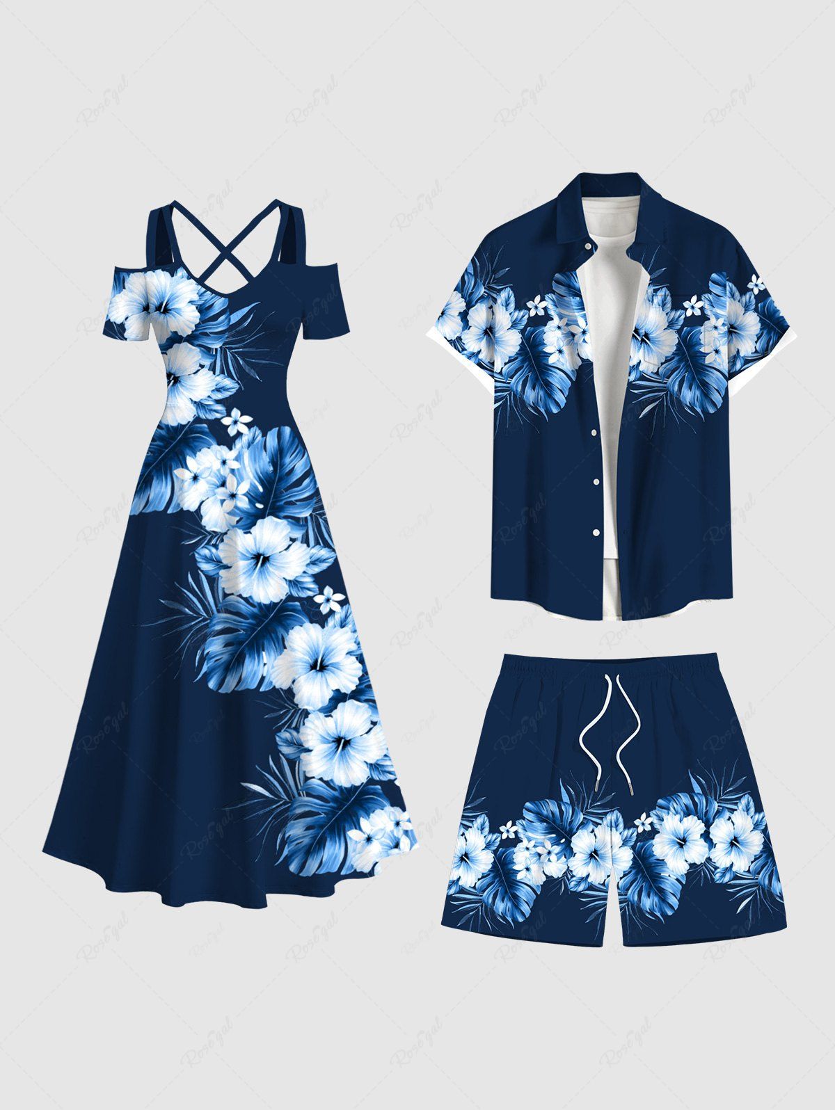 Tenue de Plage Hawaiien Imprimé Fleurs et Feuilles Tropicales Grande Taille pour Couples Bleu de Minuit 
