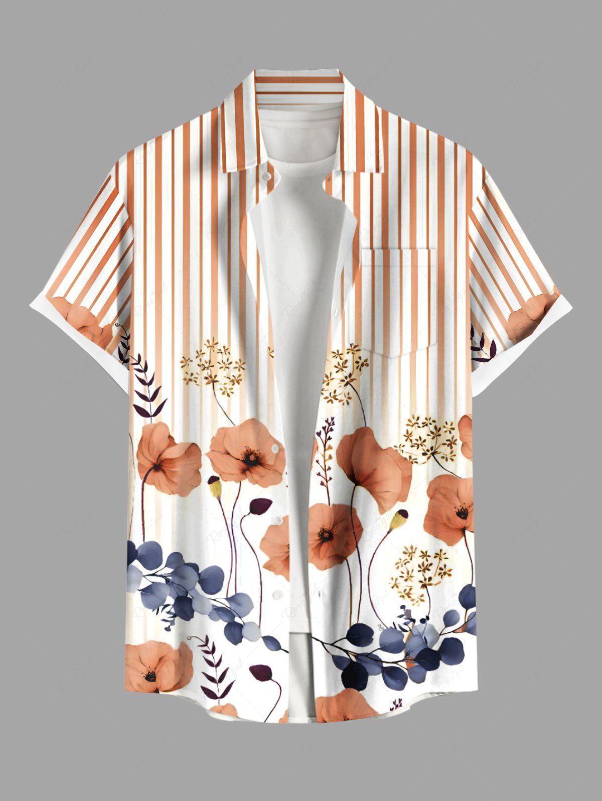 Shop Plus Size Floral Leaves Branch Light Beam Striped Print Hawaii Button Pocket Shirt For Men  