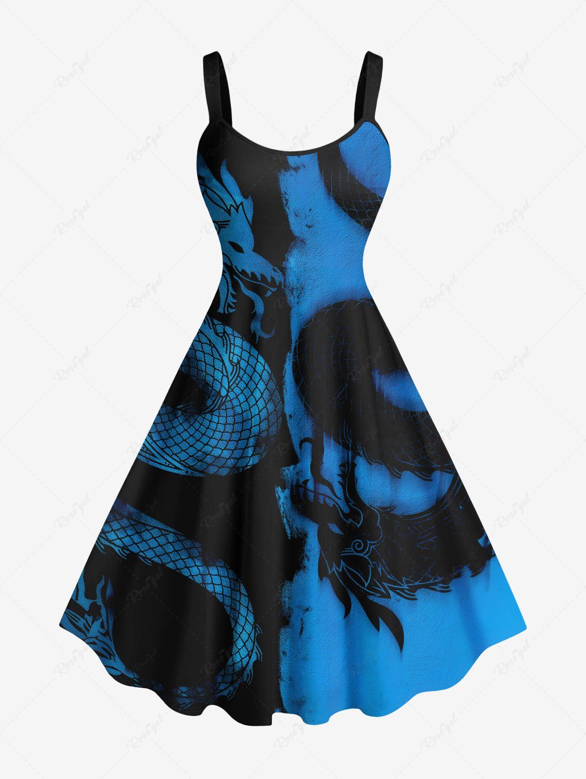 New Plus Size Ink Painting Dragon Two Tone Print Hawaii A Line Tank Dress  