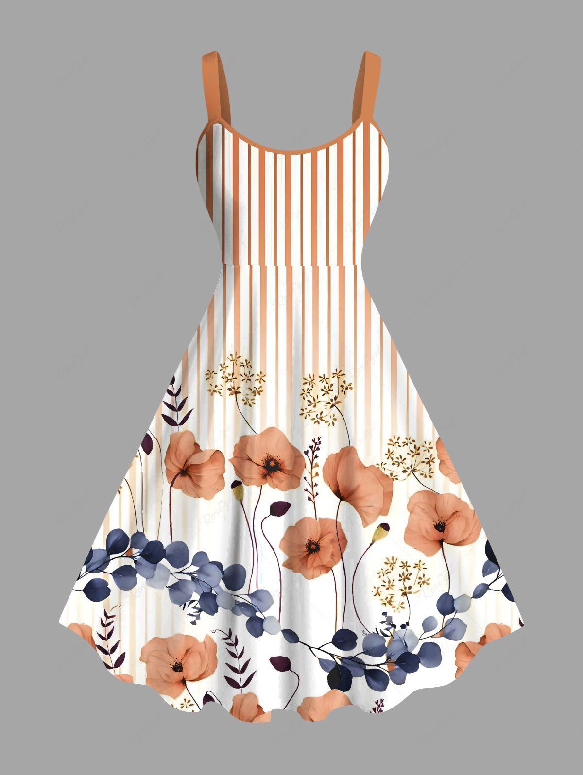 Affordable Plus Size Floral Leaves Branch Light Beam Striped Print Hawaii A Line Tank Dress  