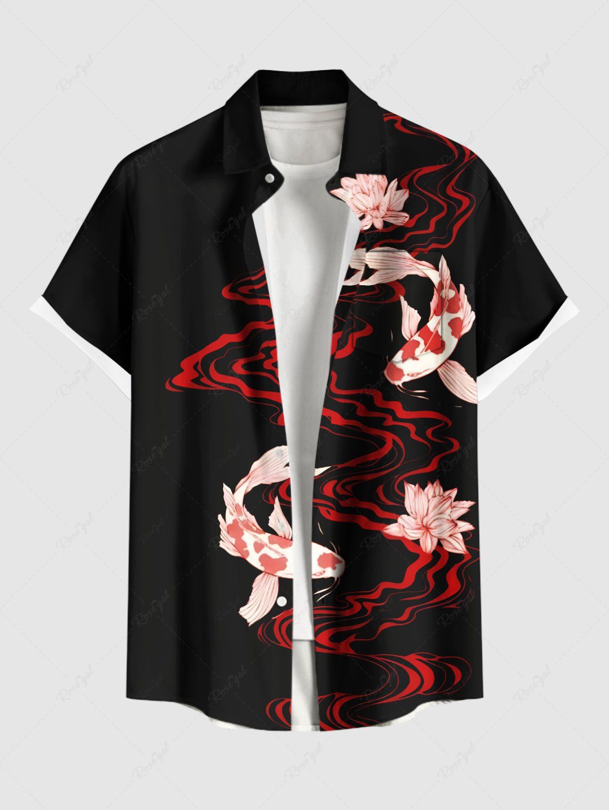 Chemise Imprimé à Fleurs et Poissons à Boutons avec Poche Grande Taille pour Homme Noir XL