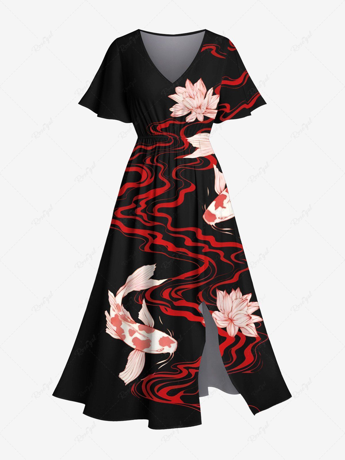 Robe Caftan Mi-longue Grande Taille à Imprimé Fleurs et Poisson Noir 1X