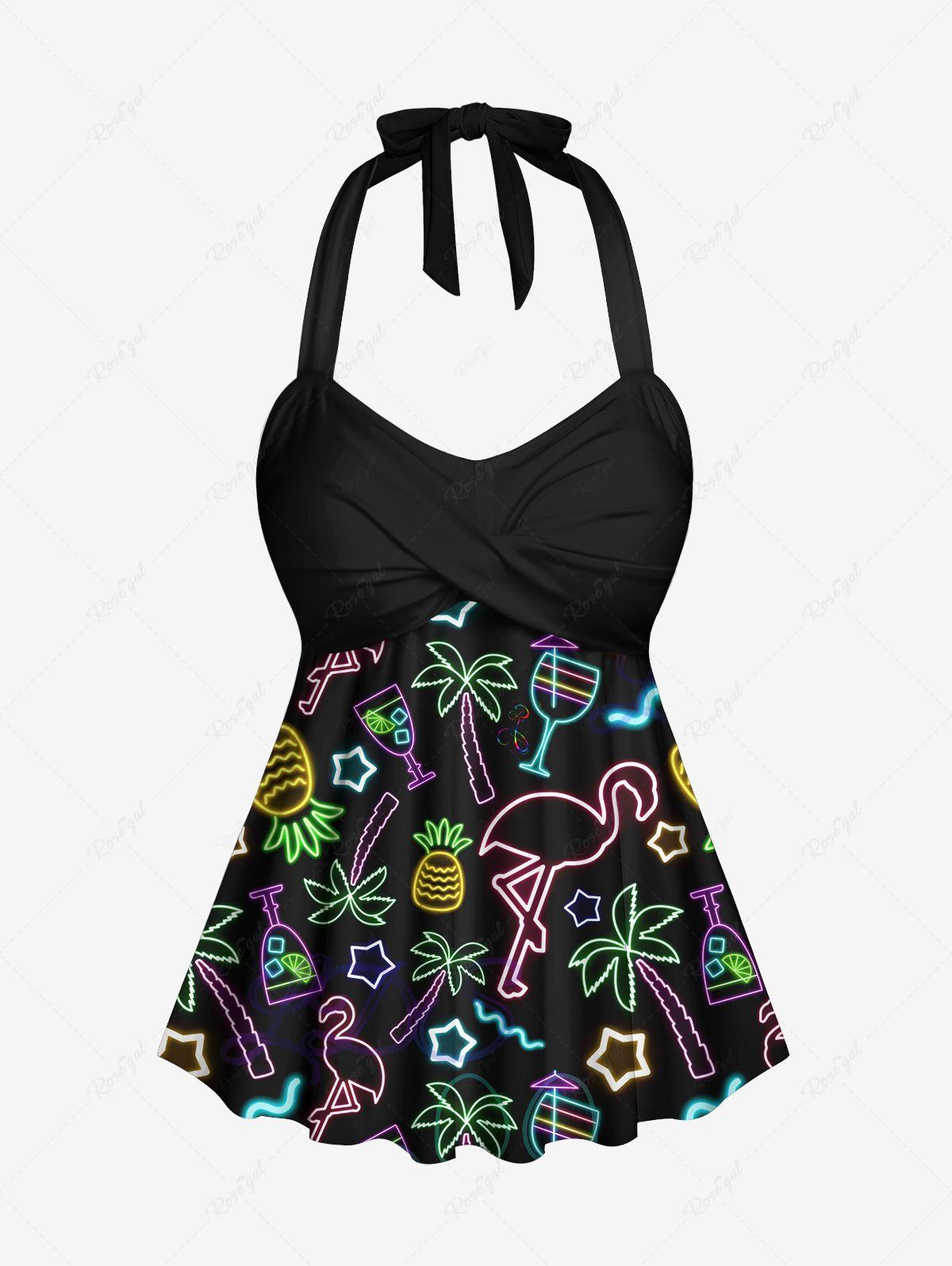 Haut Tordu Néon Flamant Etoile Ananas et Noix de Coco Imprimés à Col Halter Noir 6X