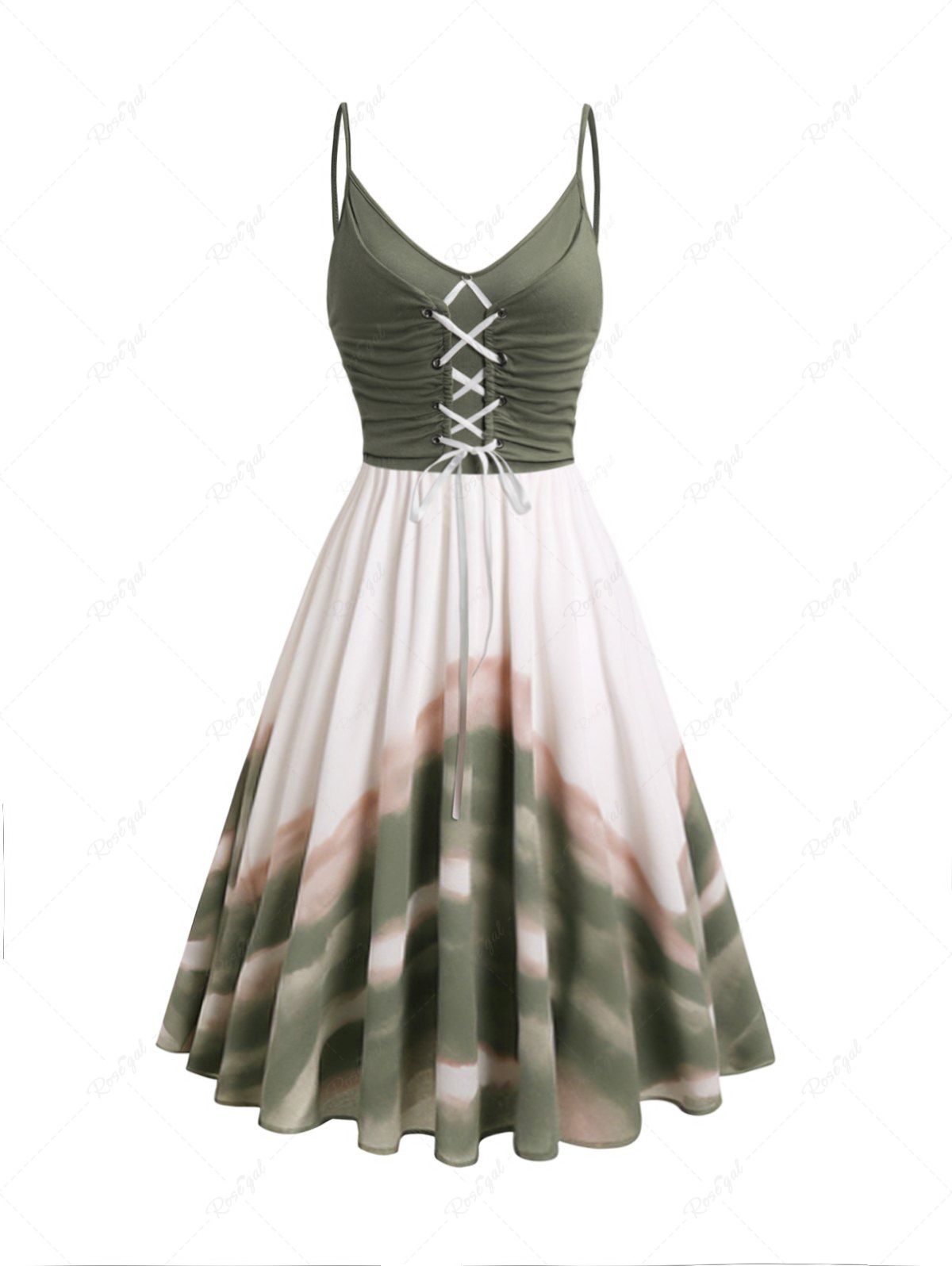Robe Mi-Longue Teintée Imprimée en Blocs de Couleurs à Lacets Vert XXL