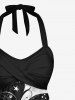 Maillot de Bain Tendance Deux-Tons Imprimé Papillons et Tournesols Grande-Taille pour Femmes - Noir 