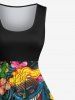 Plus Size Flowers Fire Flame Mask Print Hawaii 1950s Vintage Dress -  