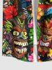 Plus Size Flowers Fire Flame Mask Print Buttons Pocket Hawaii Shirt For Men -  