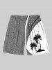 Plus Size Coconut Tree Tropical Leaves Curve Print Hawaii Drawstring Beach Shorts For Men -  
