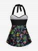 Haut Tordu Néon Flamant Etoile Ananas et Noix de Coco Imprimés à Col Halter - Noir 6X