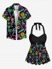 Haut Tordu Néon Flamant Etoile Ananas et Noix de Coco Imprimés à Col Halter - Noir 6X