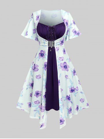 Plus Size Flutter Sleeves Floral Dress and Lace-up A Line Cami Dress Set - CONCORD - L | US 12